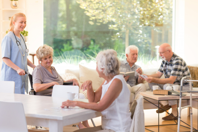 seniors spending free time in bright living room